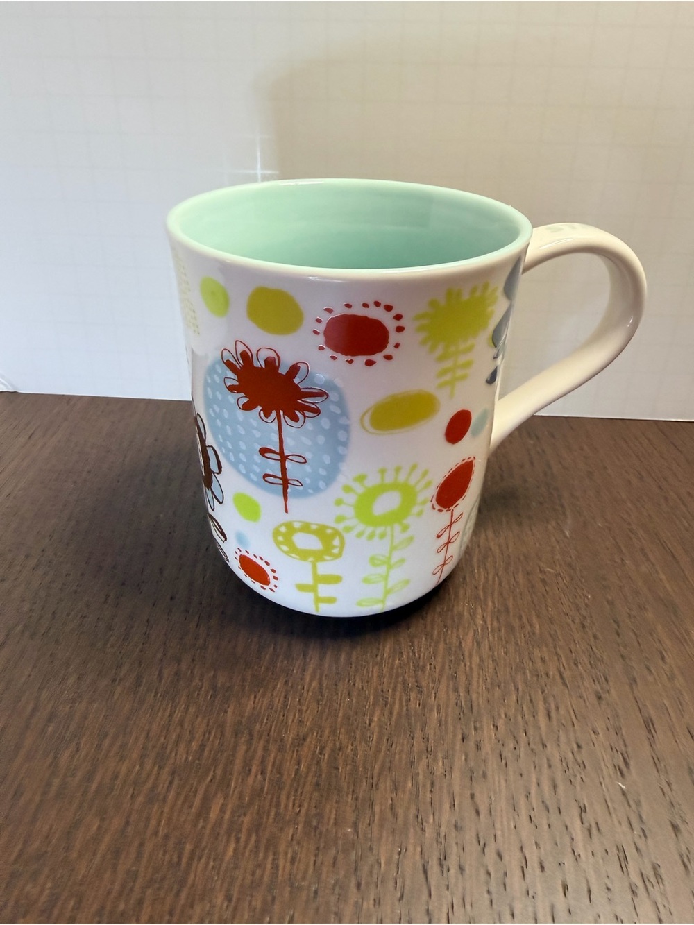 Starbucks 2009 Hand Painted White Floral Accent Mug with Mint Interior